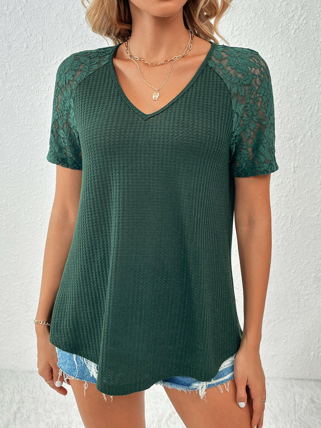 Ivy Lane Lace Detail V-Neck Short Sleeve T-Shirt.