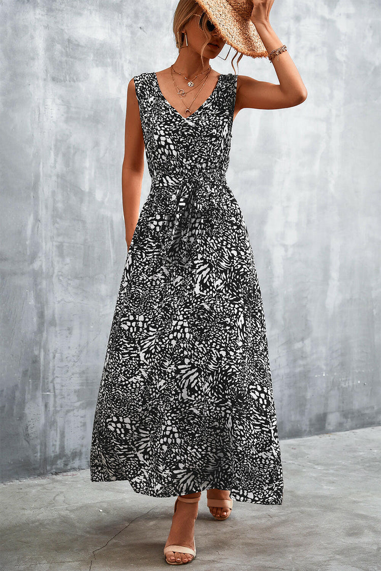 Printed V-Neck Tie Waist Maxi Dress.