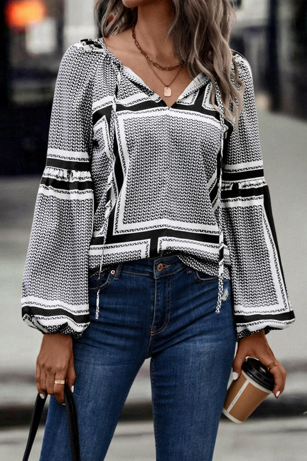 Contrast Printed Tie Neck Balloon Sleeve Blouse.