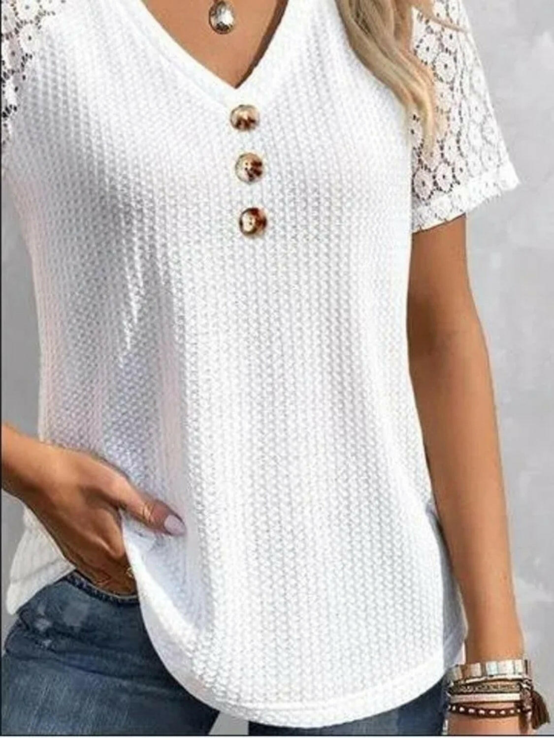 Waffle-Knit V-Neck Short Sleeve Top.