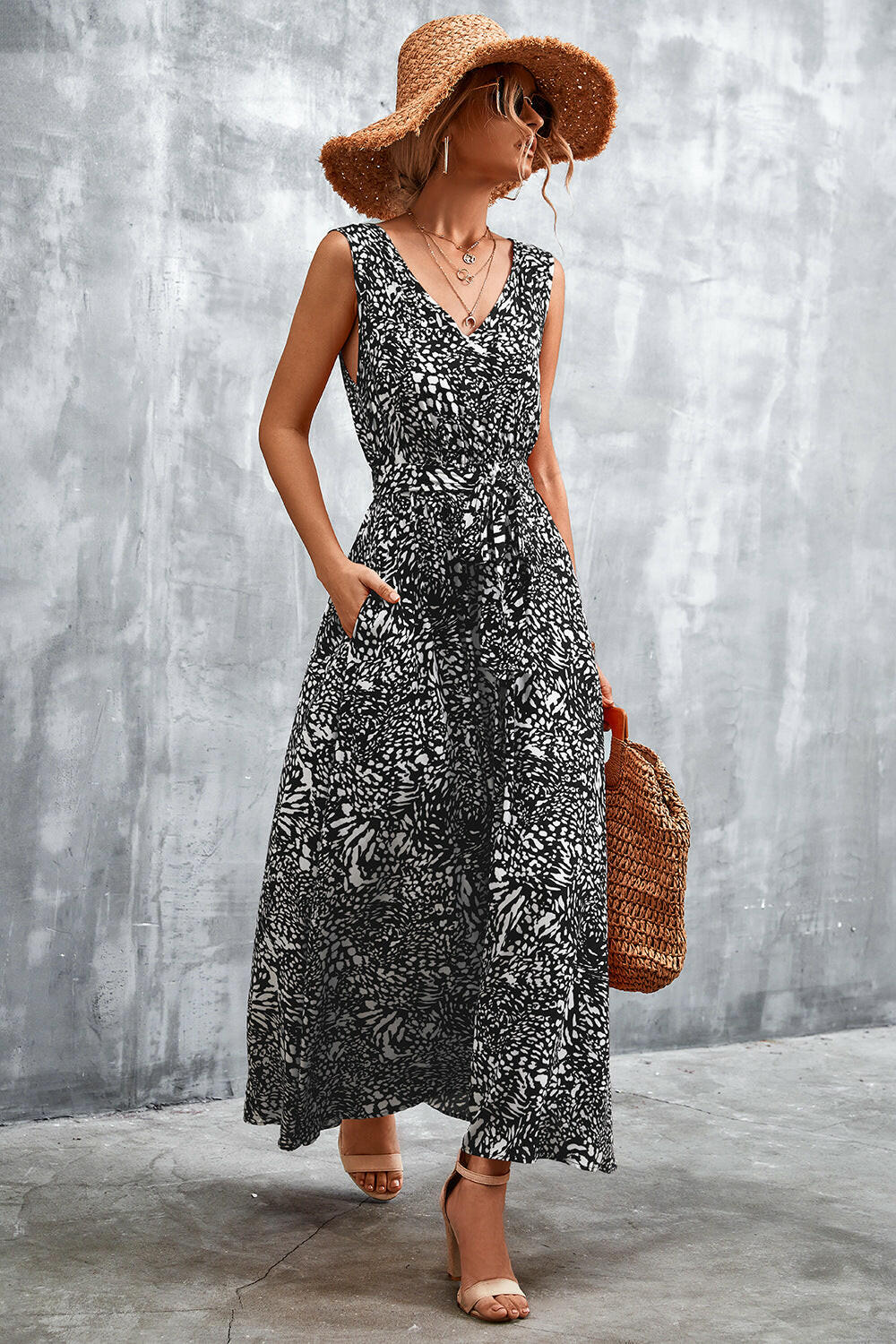 Printed V-Neck Tie Waist Maxi Dress.