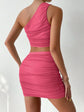 Ruched Single Shoulder Top and Skirt Set.