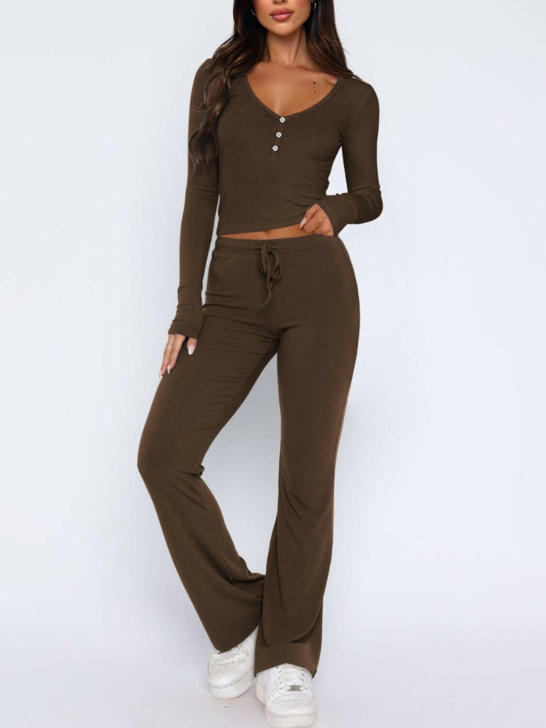 V-Neck Long Sleeve Top and Pants Set.