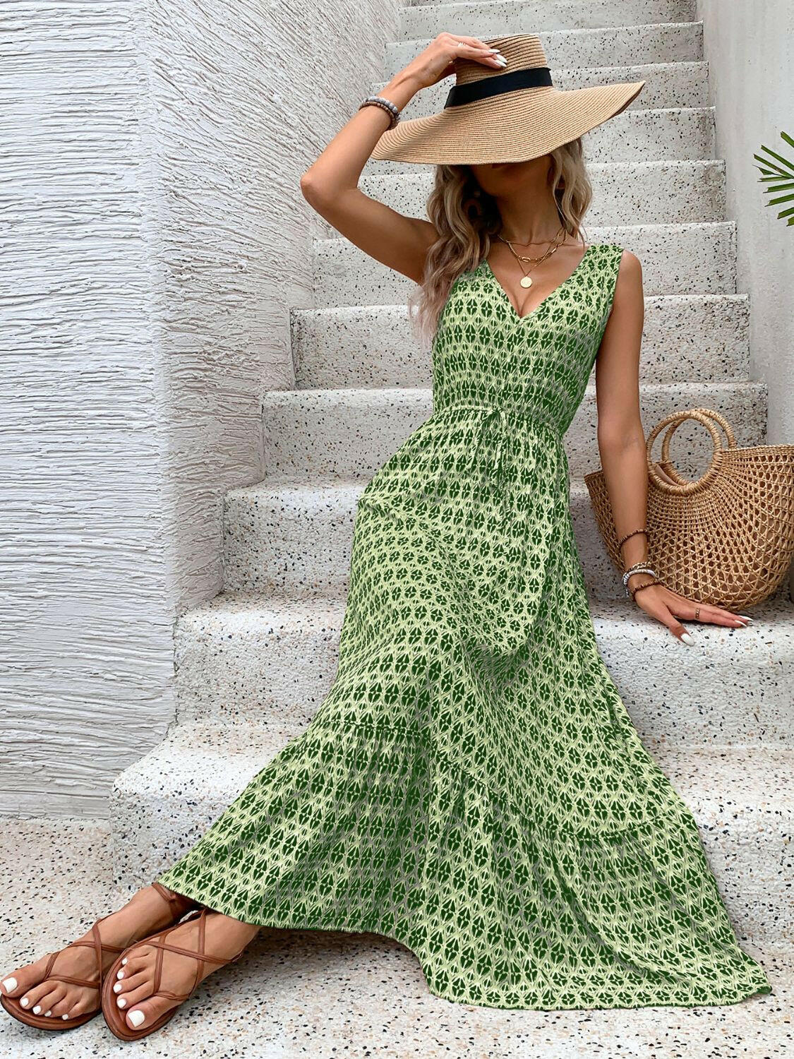 Perfee Printed V-Neck Tie Waist Midi Dress.