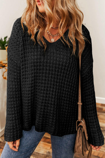 Openwork Round Neck Long Sleeve Sweater.