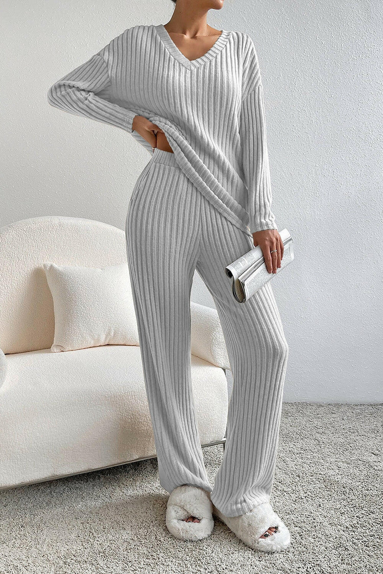 Ribbed V-Neck Top and Pants Lounge Set.