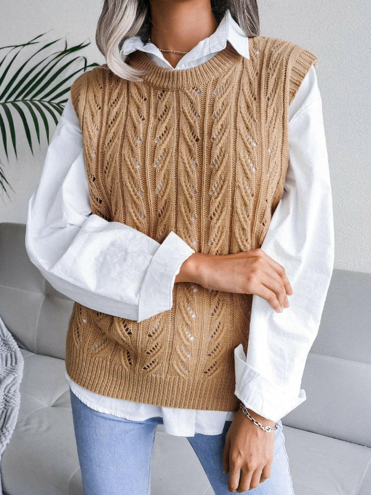 Round Neck Openwork Capped Sleeve Sweater Vest.