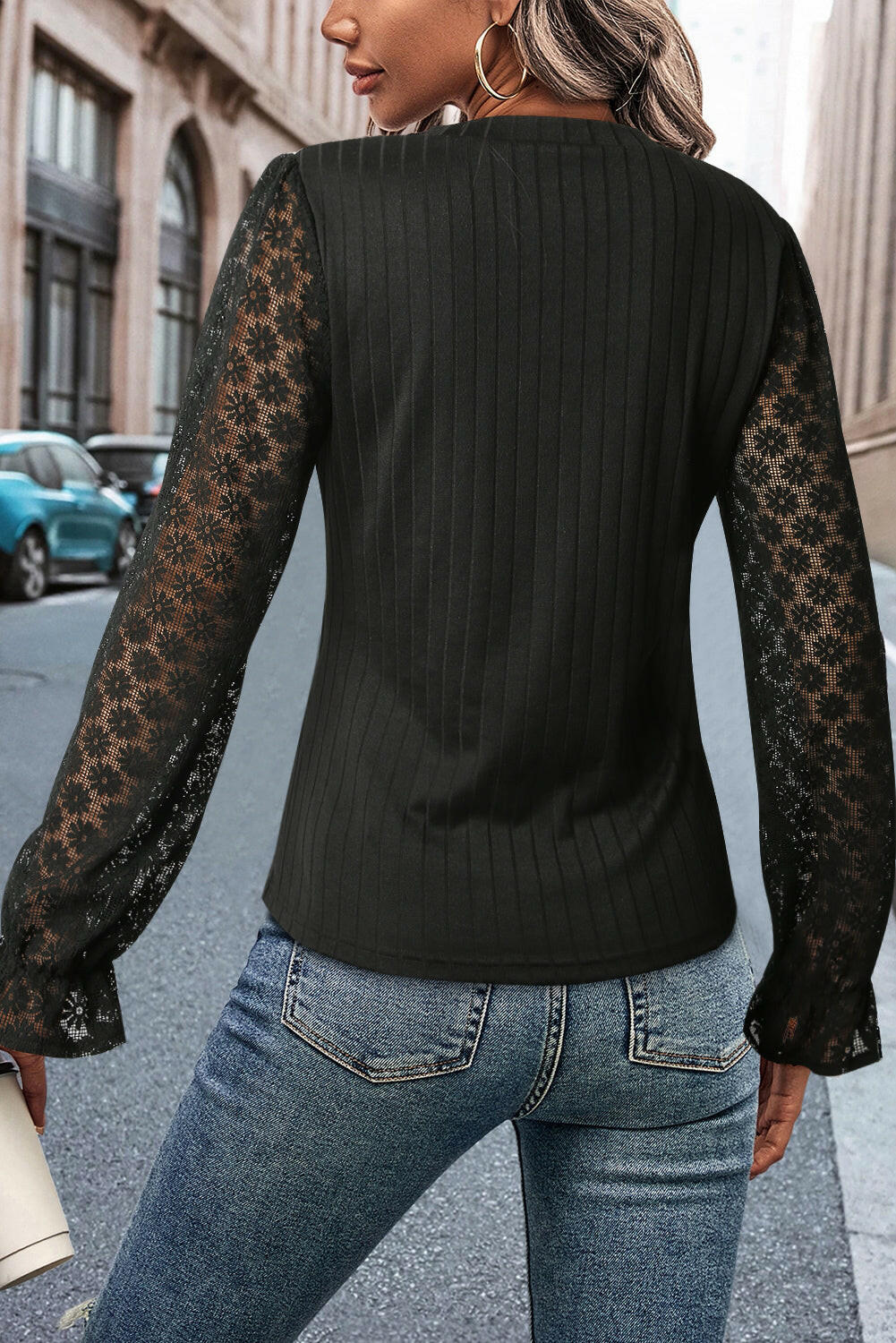 Lace Mesh Flounce Sleeve Ribbed Blouse.