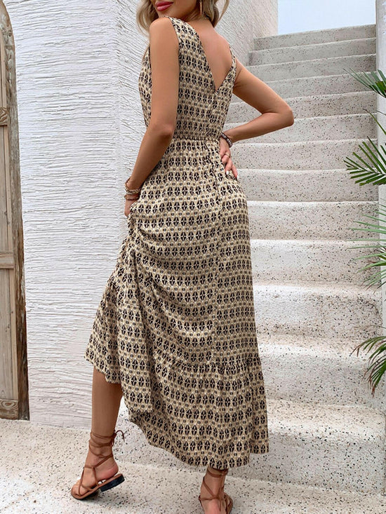 Perfee Printed V-Neck Tie Waist Midi Dress.