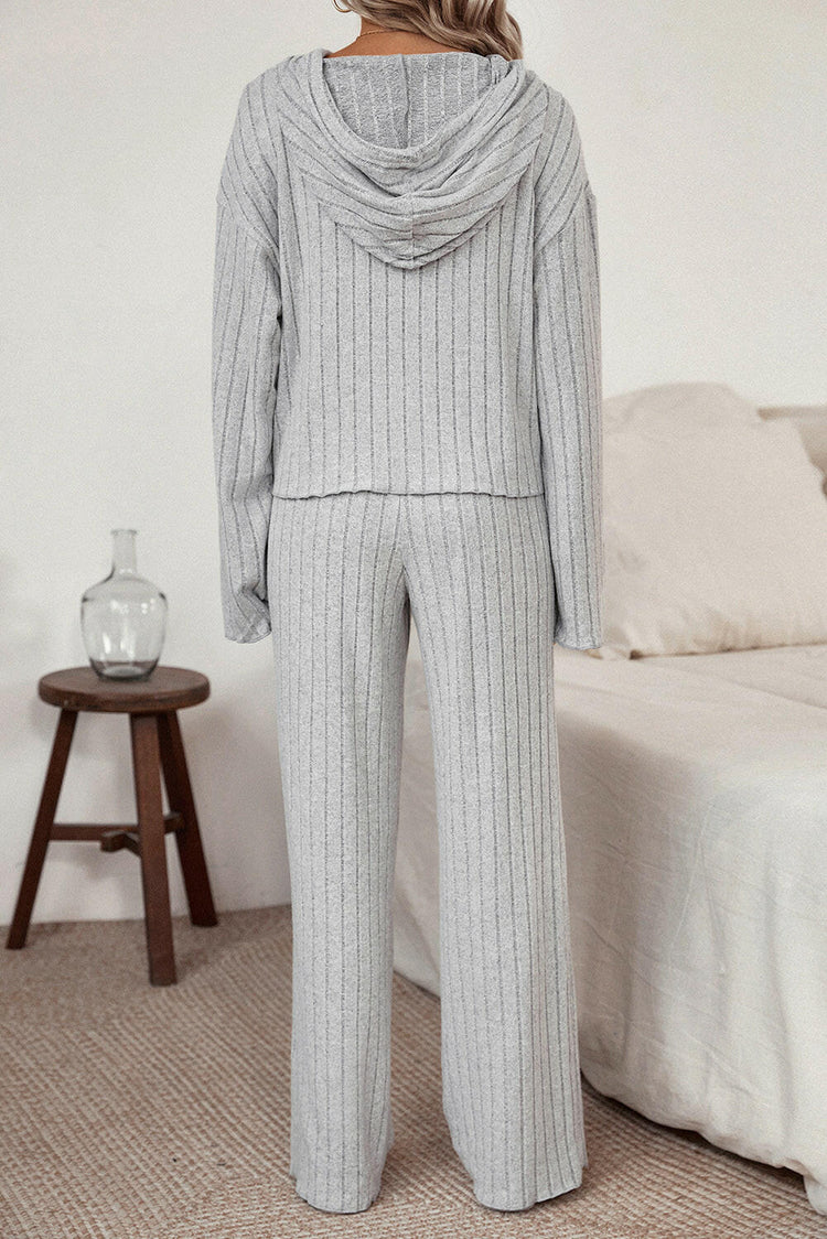 Ribbed Drawstring Hoodie and Pants Lounge Set.