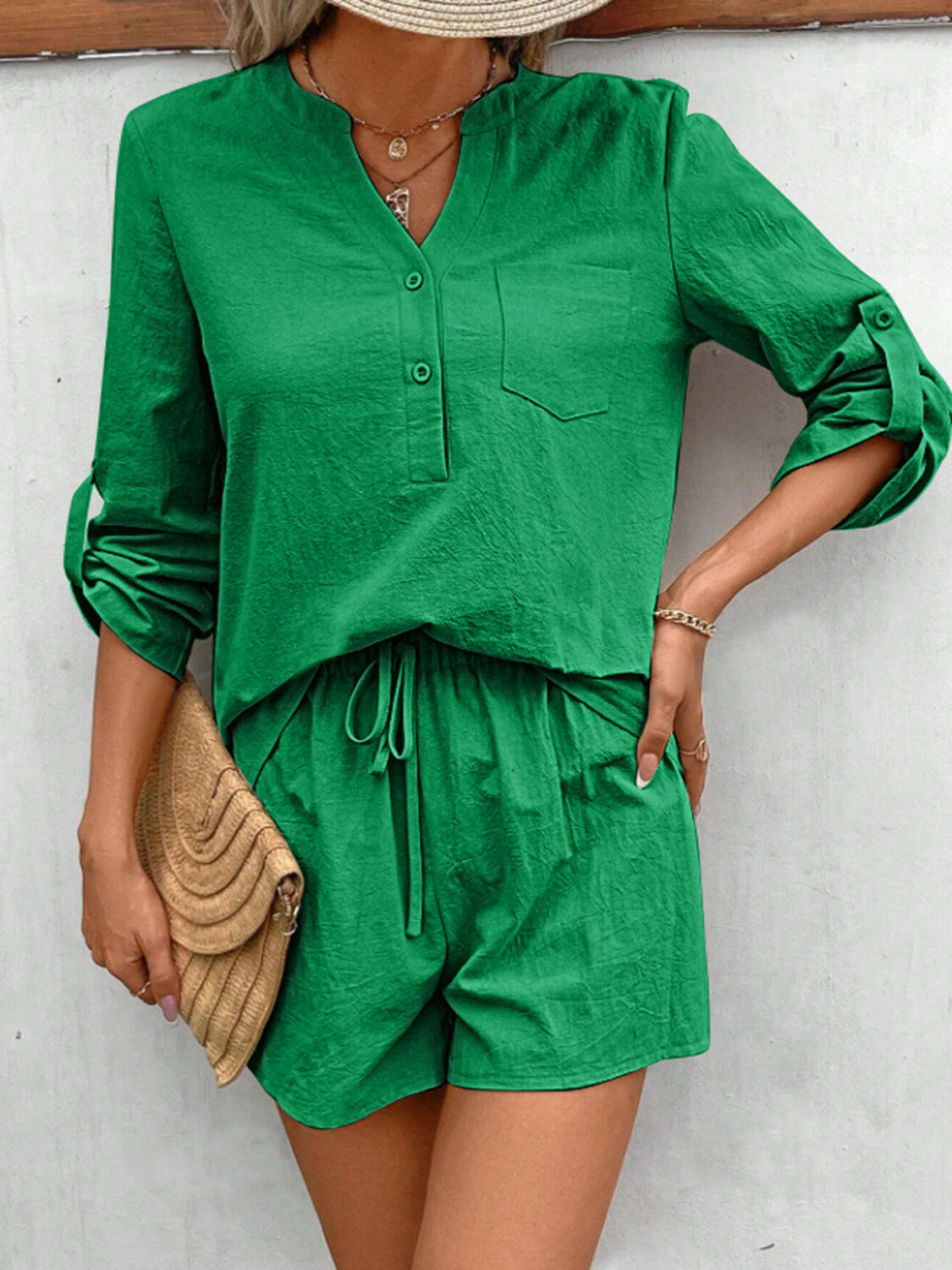 Notched Long Sleeve Top and Shorts Set.