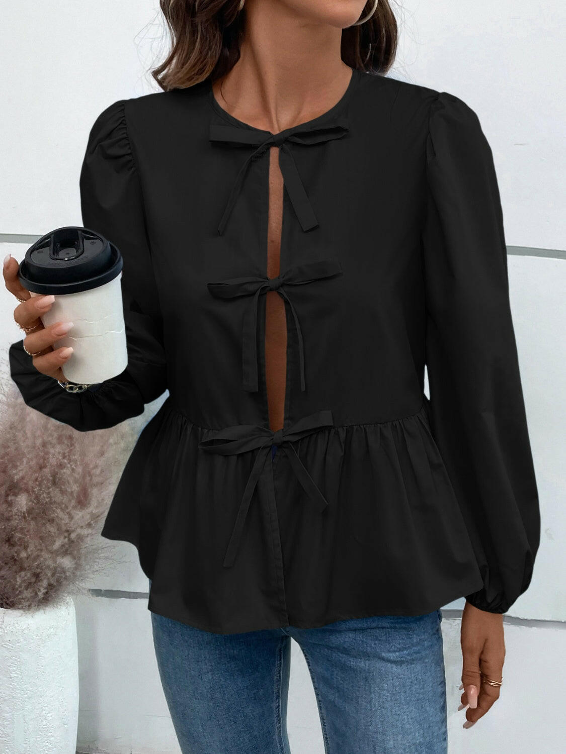 Ivy Lane Peplum Tied Long Sleeve Blouse.