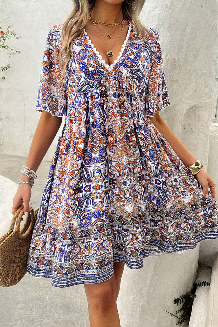 Devine Printed V-Neck Half Sleeve Mini Dress.