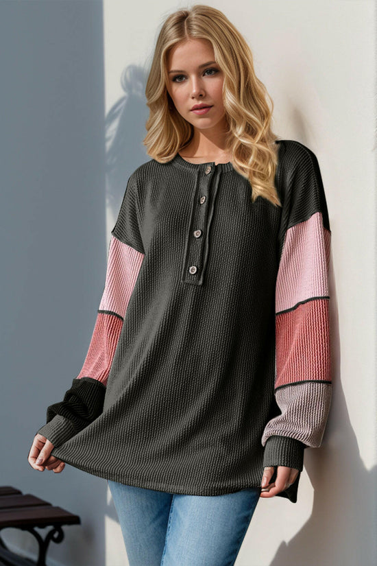 Double Take Full Size Color Block Round Neck Long Sleeve Top.