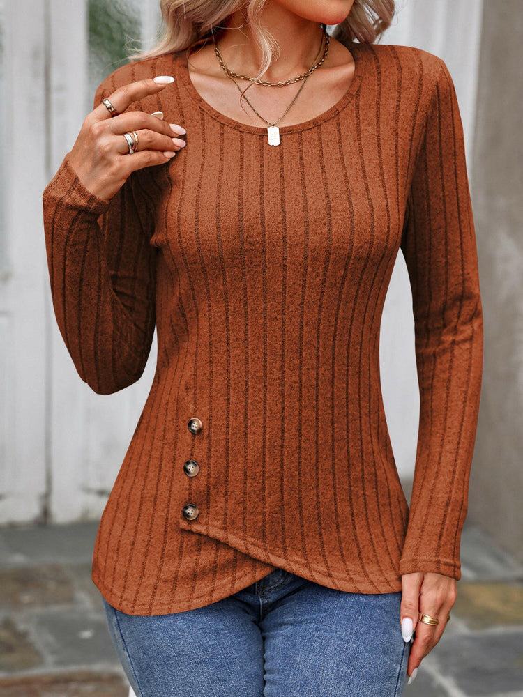 Decorative Button Round Neck Long Sleeve T-Shirt.