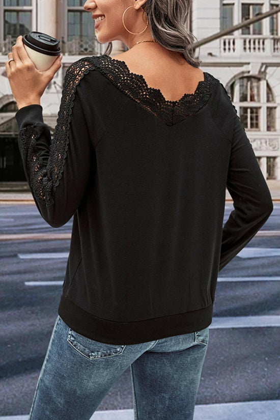 Perfee V-Neck Long Sleeve Lace Trim Blouse.