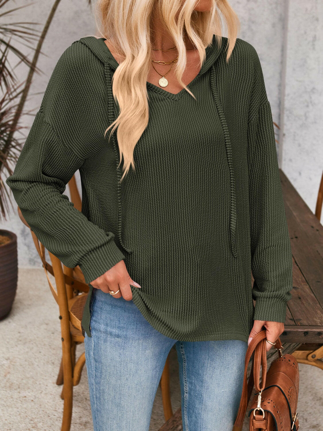 Double Take Drawstring Dropped Shoulder Long Sleeve Hoodie.