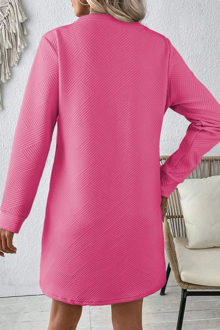 Textured Round Neck Long Sleeve Mini Dress.