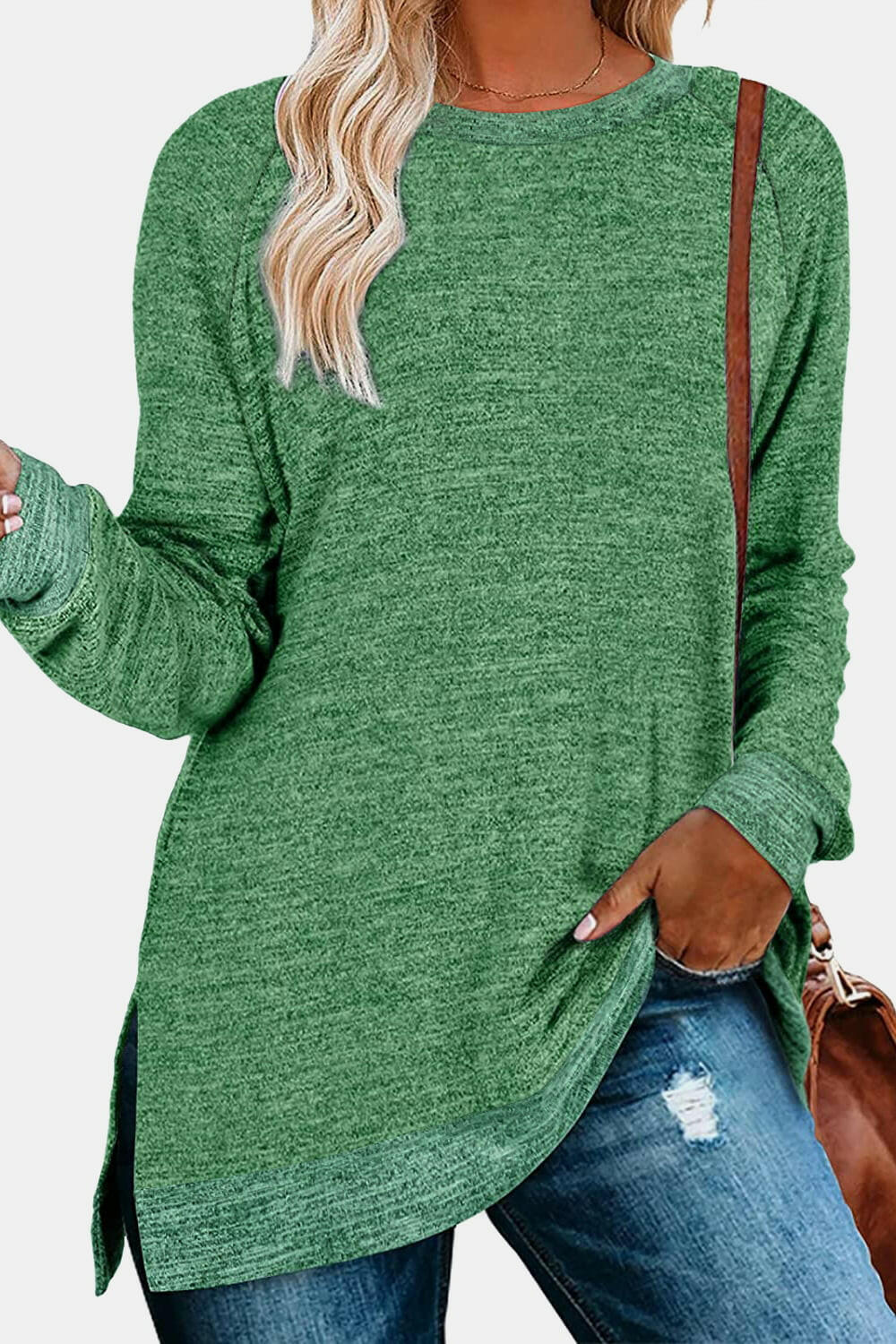 Round Neck Long Sleeve Slit T-Shirt.