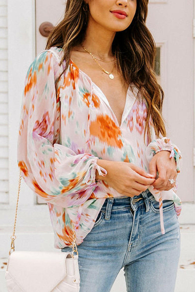 Printed Tie Neck Long Sleeve Blouse.