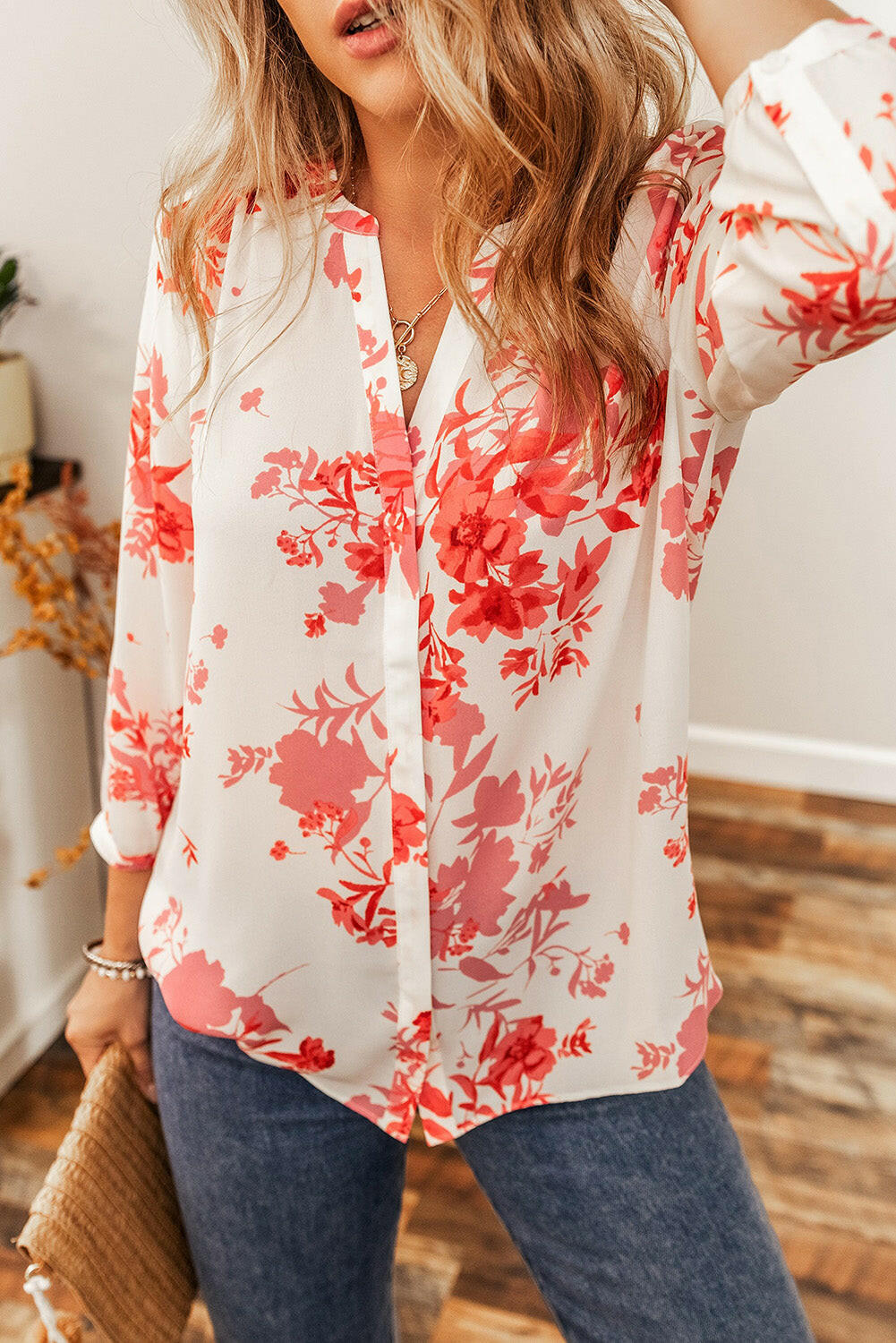 Floral Notched Long Sleeve Blouse.