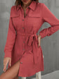 Perfee Button Down Belted Long Sleeve Shirt Dress.