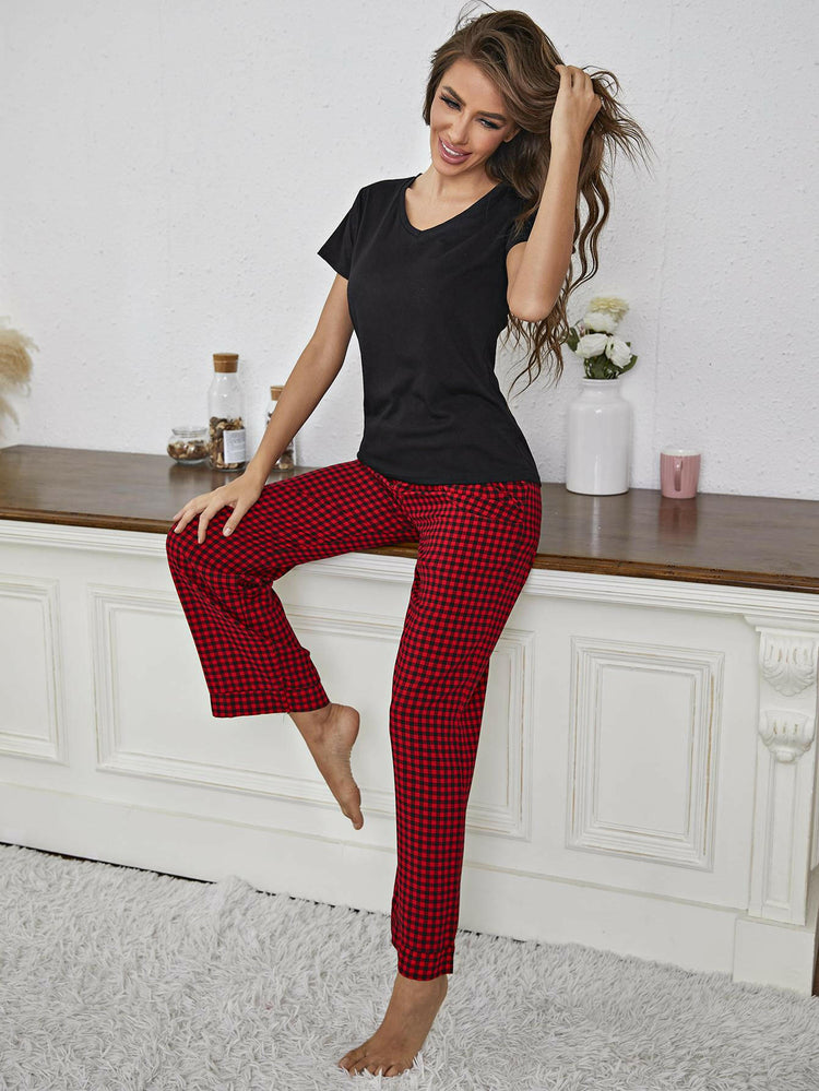 V-Neck Top and Gingham Pants Lounge Set.