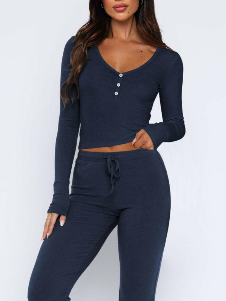 V-Neck Long Sleeve Top and Pants Set.