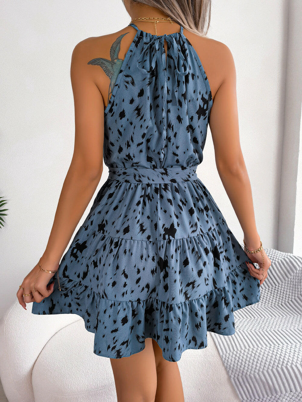 Halter Neck Printed Tie Waist Sleeveless Mini Dress.