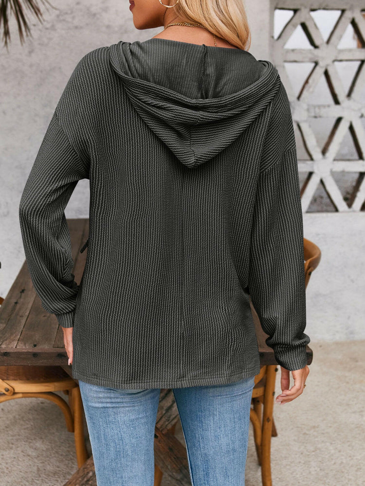 Double Take Drawstring Dropped Shoulder Long Sleeve Hoodie.