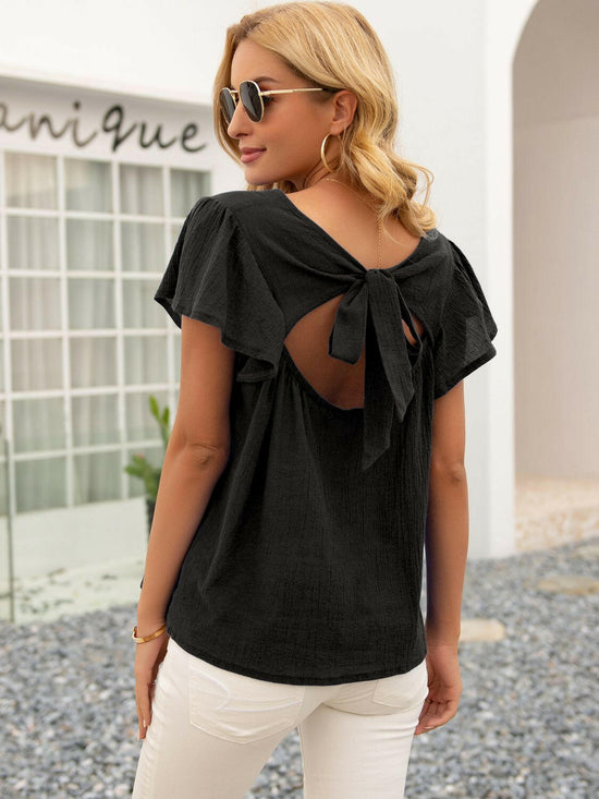 Ivy Lane Round Neck Cutout Tie Back Blouse.