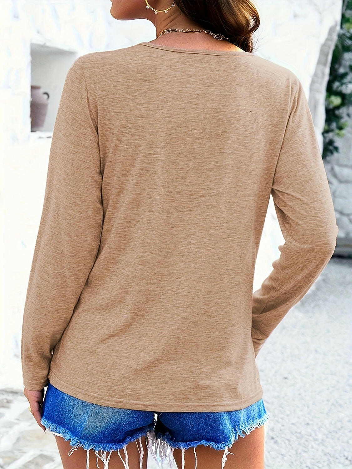 Crisscross V-Neck Long Sleeve T-Shirt.