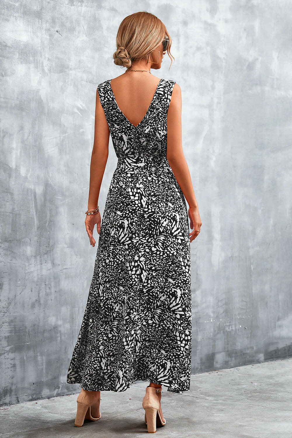 Printed V-Neck Tie Waist Maxi Dress.