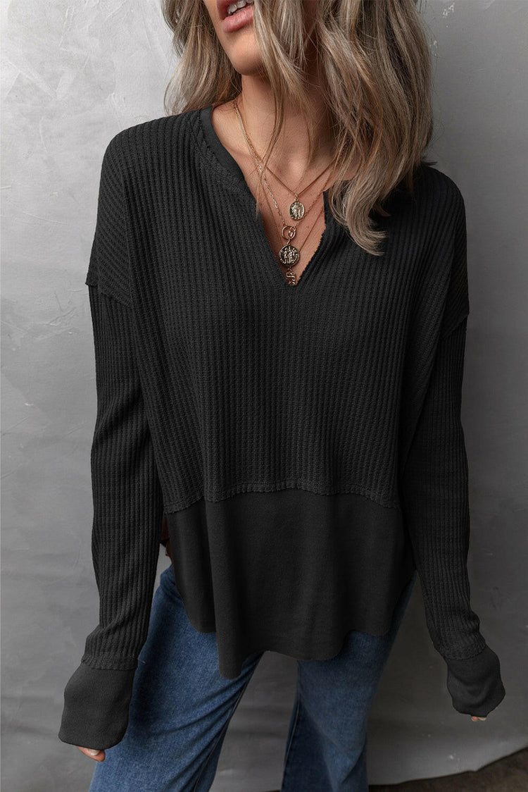 Waffle-Knit Exposed Seam Notched Long Sleeve Top.