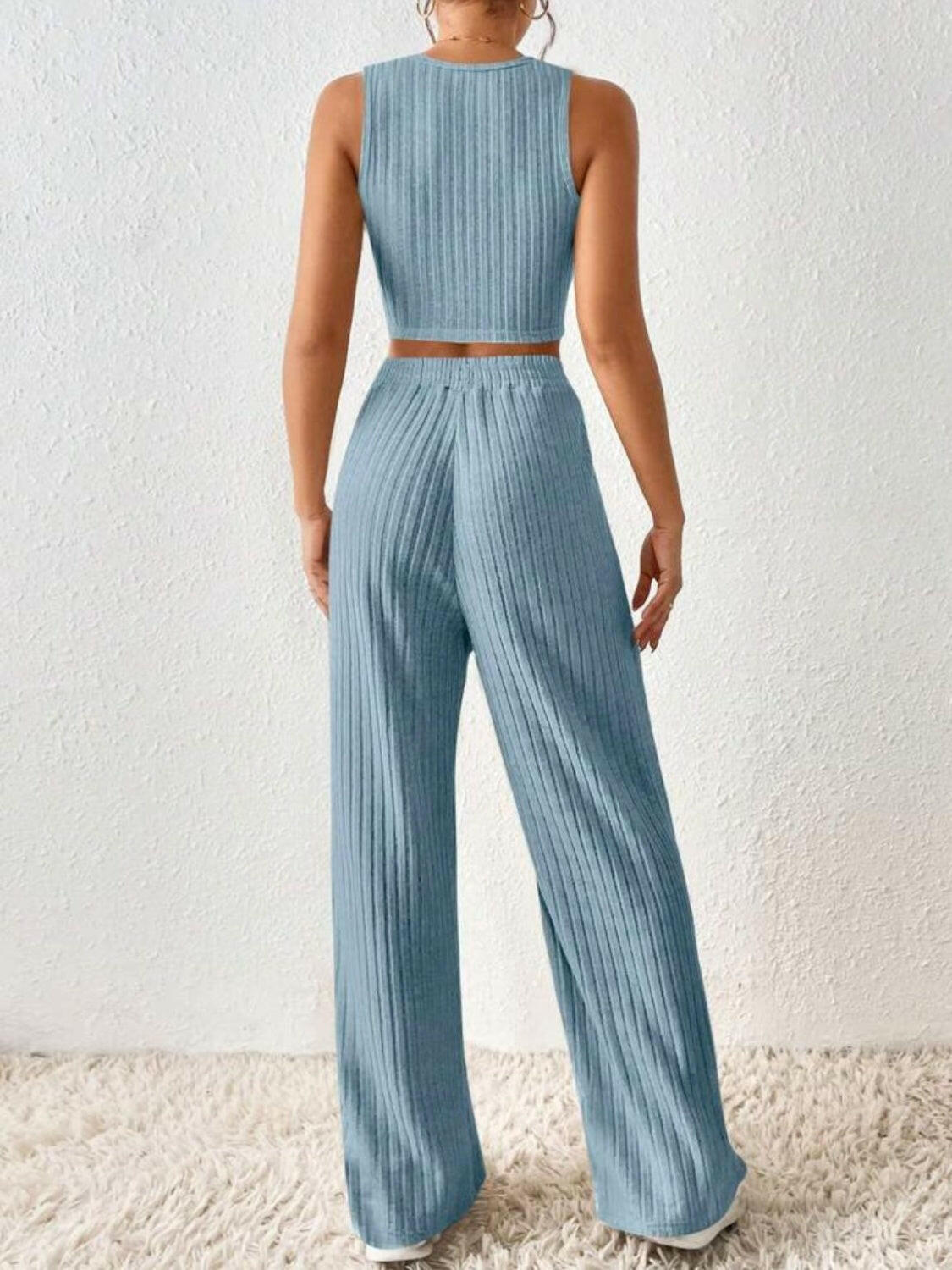 Ribbed Round Neck Tank and Pants Sweater Set.