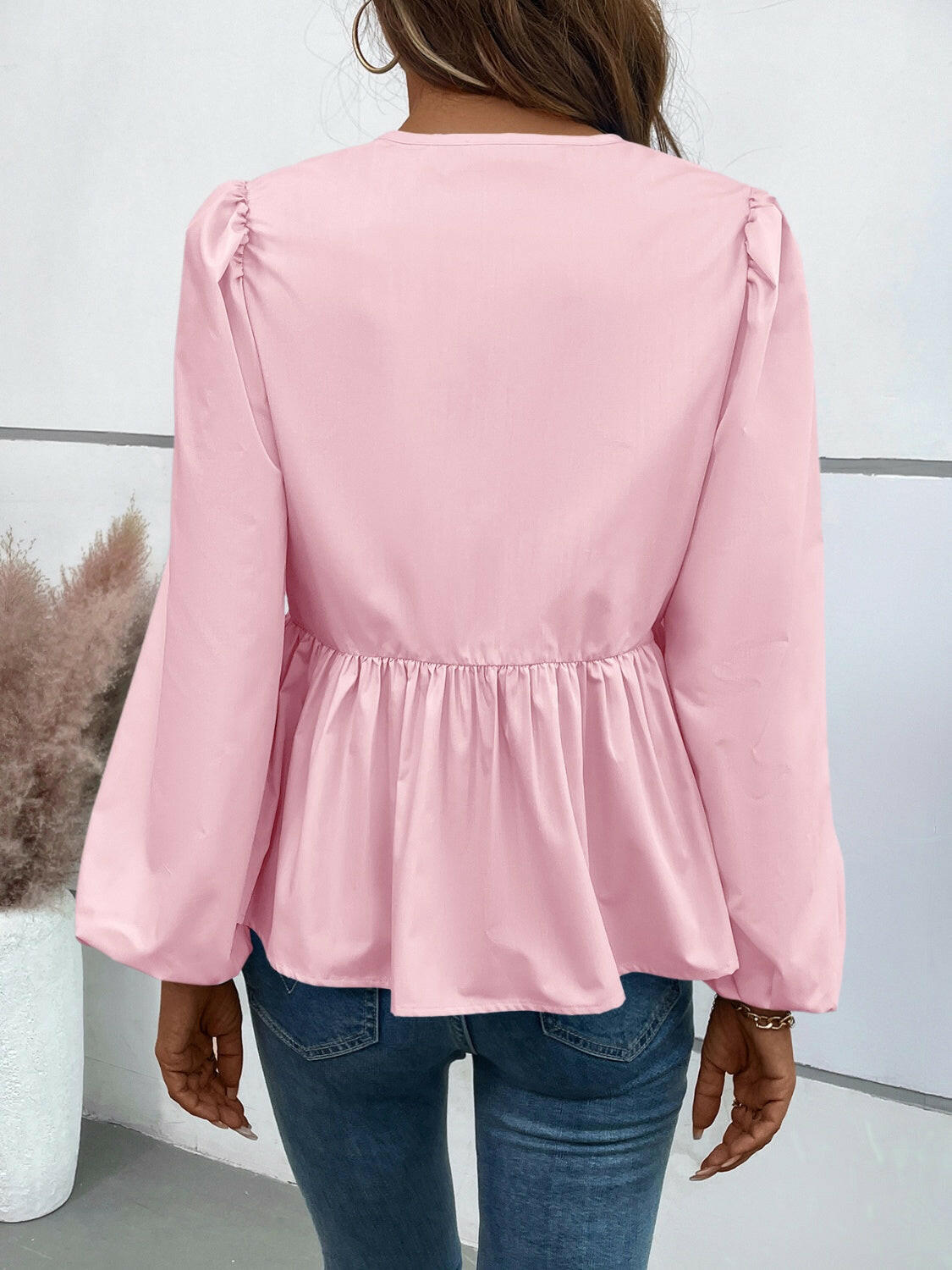 Ivy Lane Peplum Tied Long Sleeve Blouse.