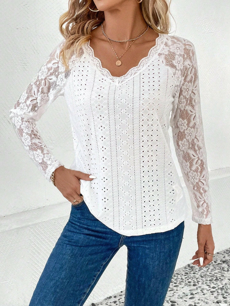 Lace Eyelet V-Neck Long Sleeve Blouse.