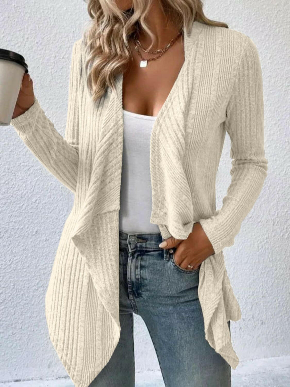 Full Size Open Front Long Sleeve Cardigan.