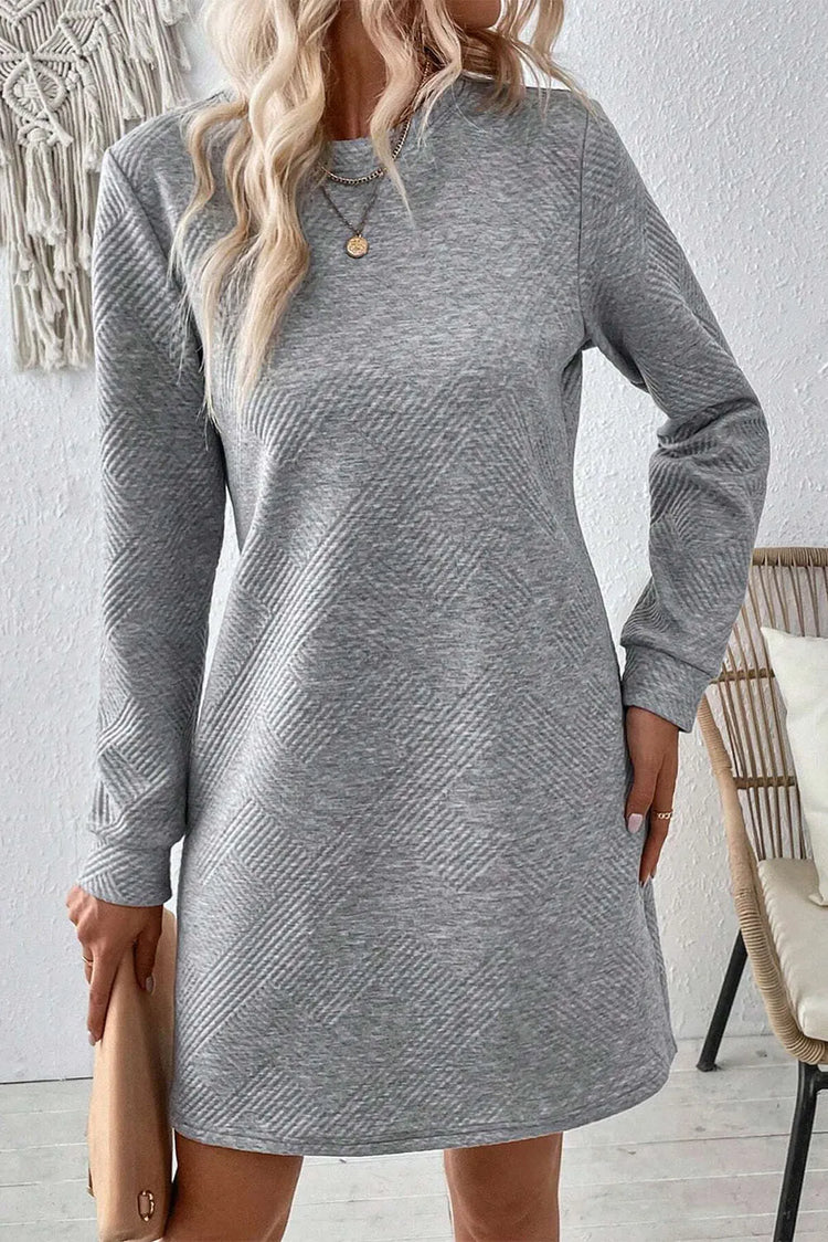 Textured Round Neck Long Sleeve Mini Dress.