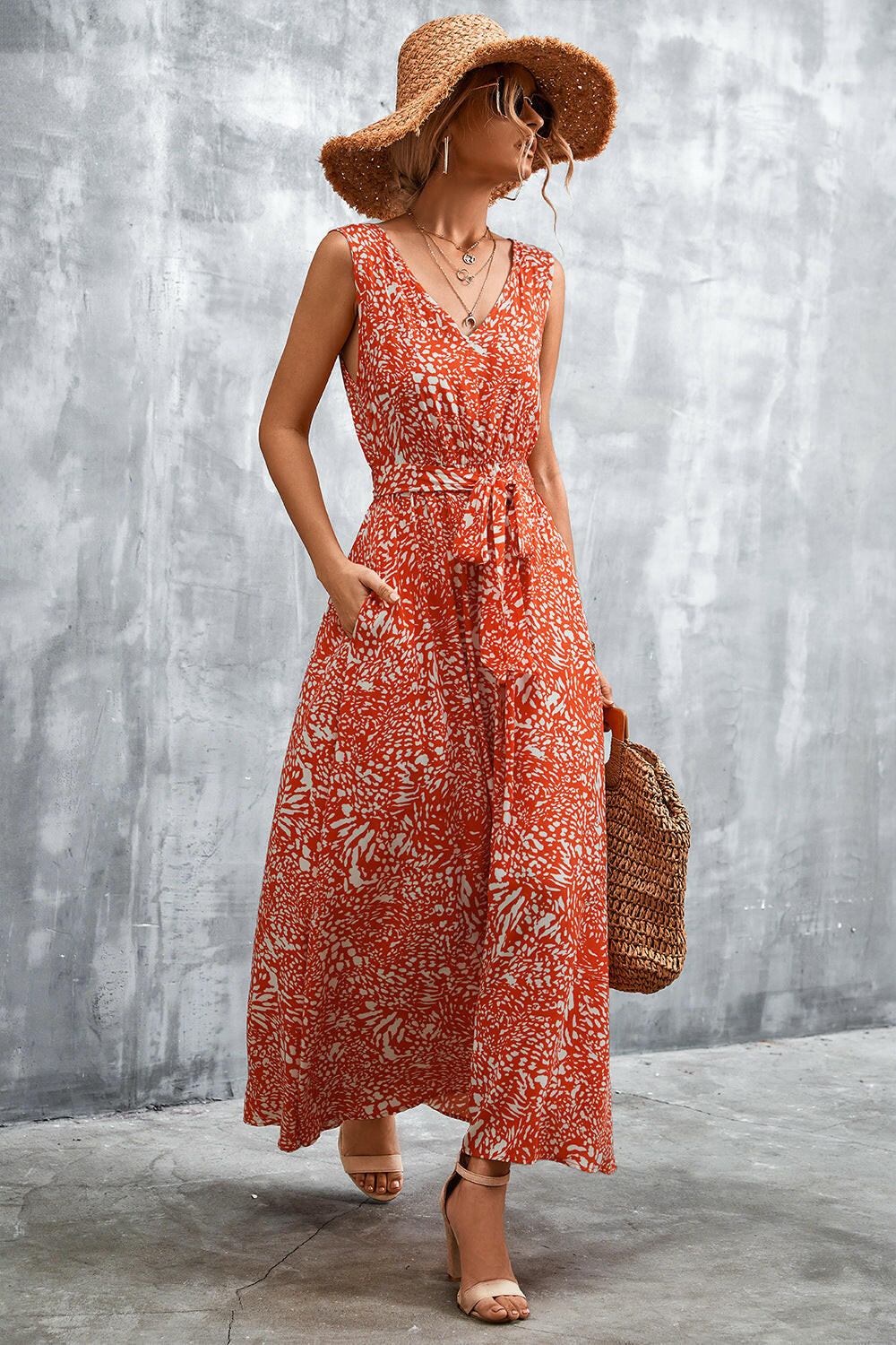 Printed V-Neck Tie Waist Maxi Dress.