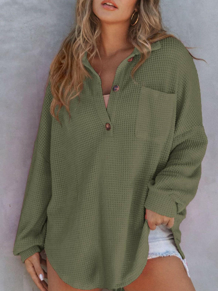 Waffle-Knit Dropped Shoulder Long Sleeve Sweatshirt.