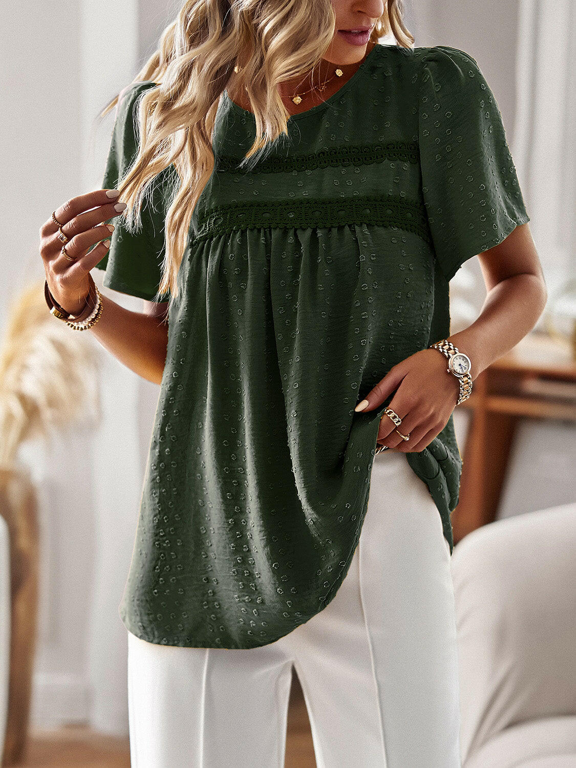 Lace Detail Round Neck Short Sleeve Blouse.