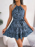 Halter Neck Printed Tie Waist Sleeveless Mini Dress.