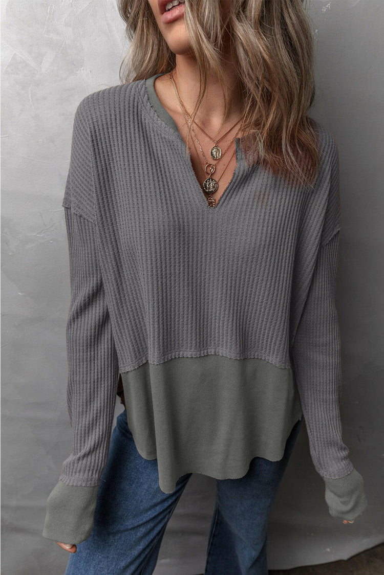 Waffle-Knit Exposed Seam Notched Long Sleeve Top.