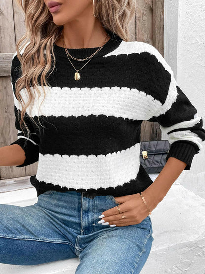 Perfee Striped Round Neck Long Sleeve Sweater.