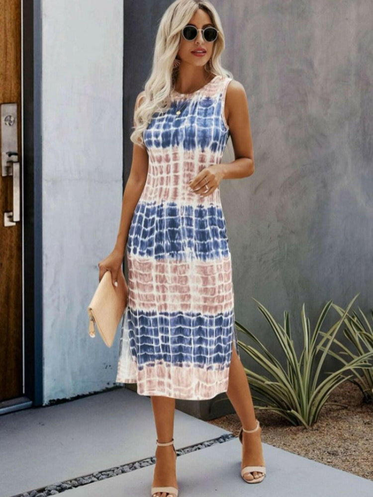 Slit Printed Round Neck Sleeveless Dress.