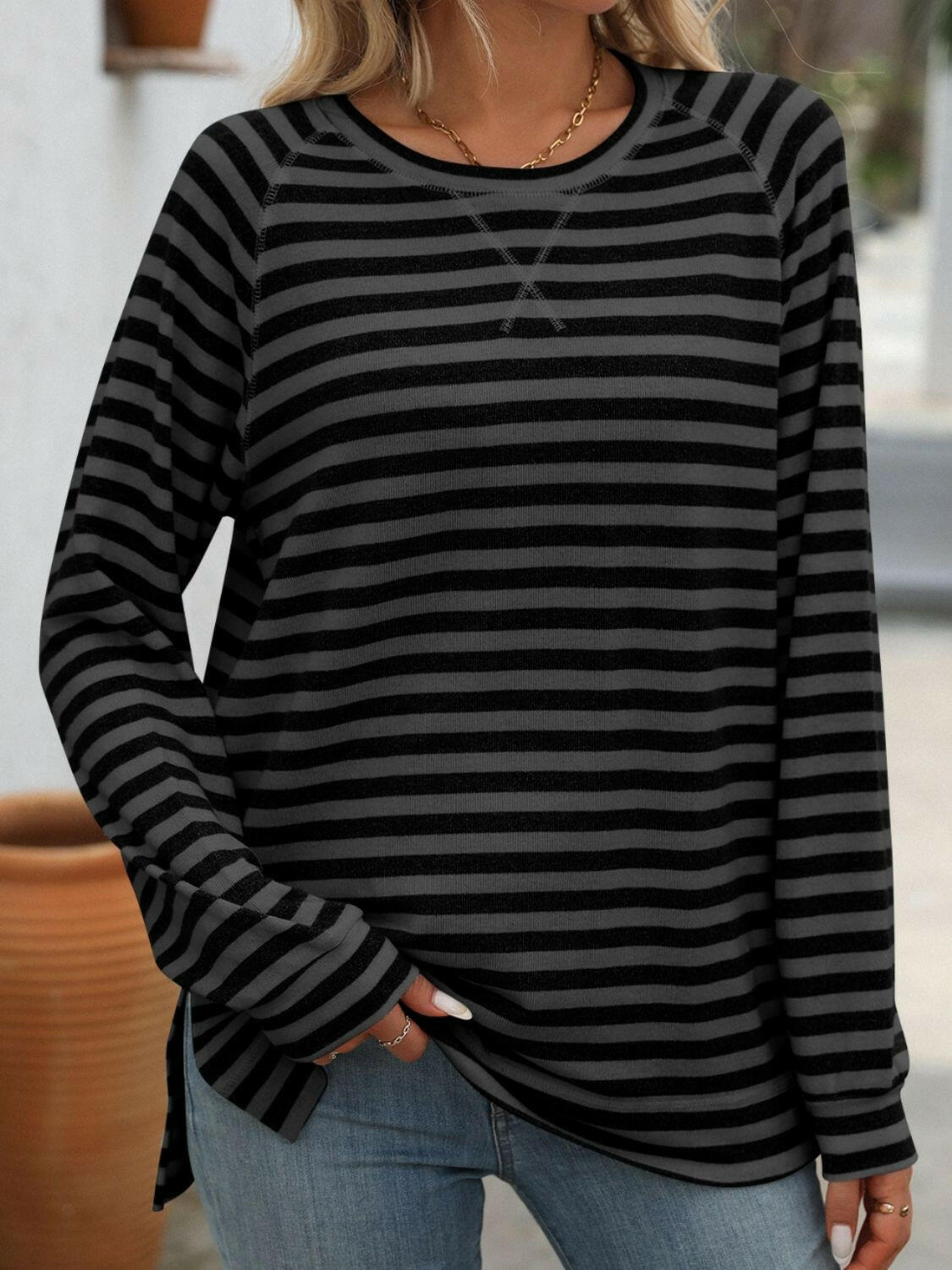 Mandy Striped Round Neck Long Sleeve T-Shirt.