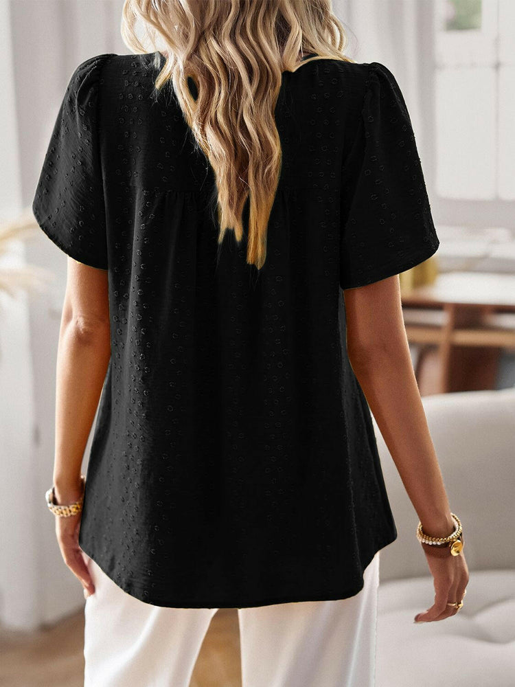 Lace Detail Round Neck Short Sleeve Blouse.