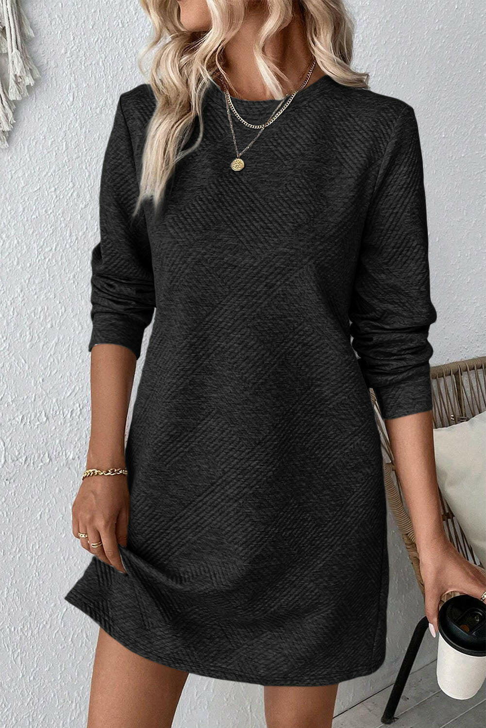 Textured Round Neck Long Sleeve Mini Dress.