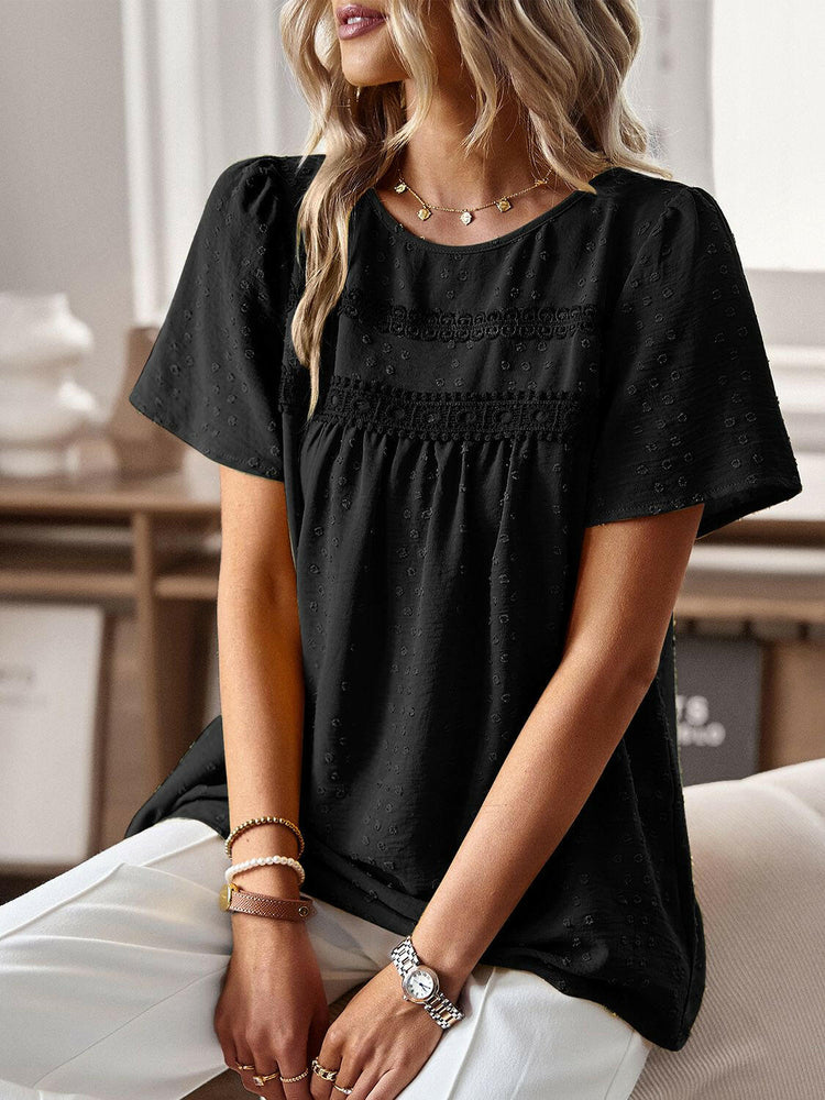 Lace Detail Round Neck Short Sleeve Blouse.